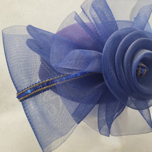 Vintage 80s Church Hat Oversize Bow Wool Felt Formal Tulle Blue Gold Sequins USA - Picture 8 of 14